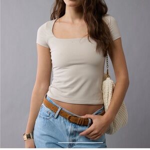NWOT American Eagle Square Neck Hey Baby Tee in Grey Beige (S)